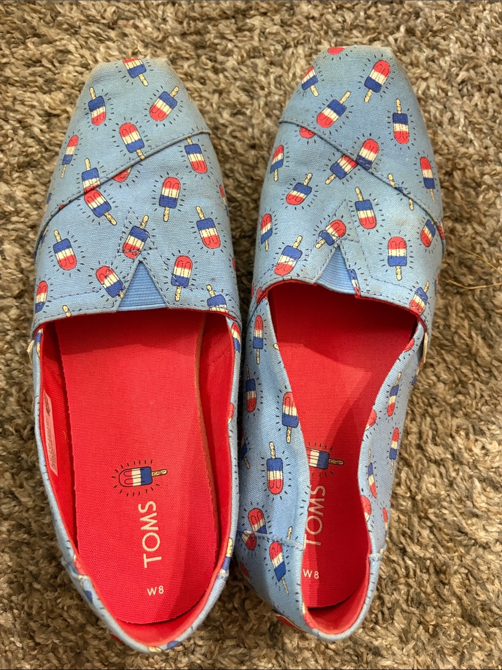 TOMS Light Blue Popsicle Canvas Slip-On Flats with Red Insole